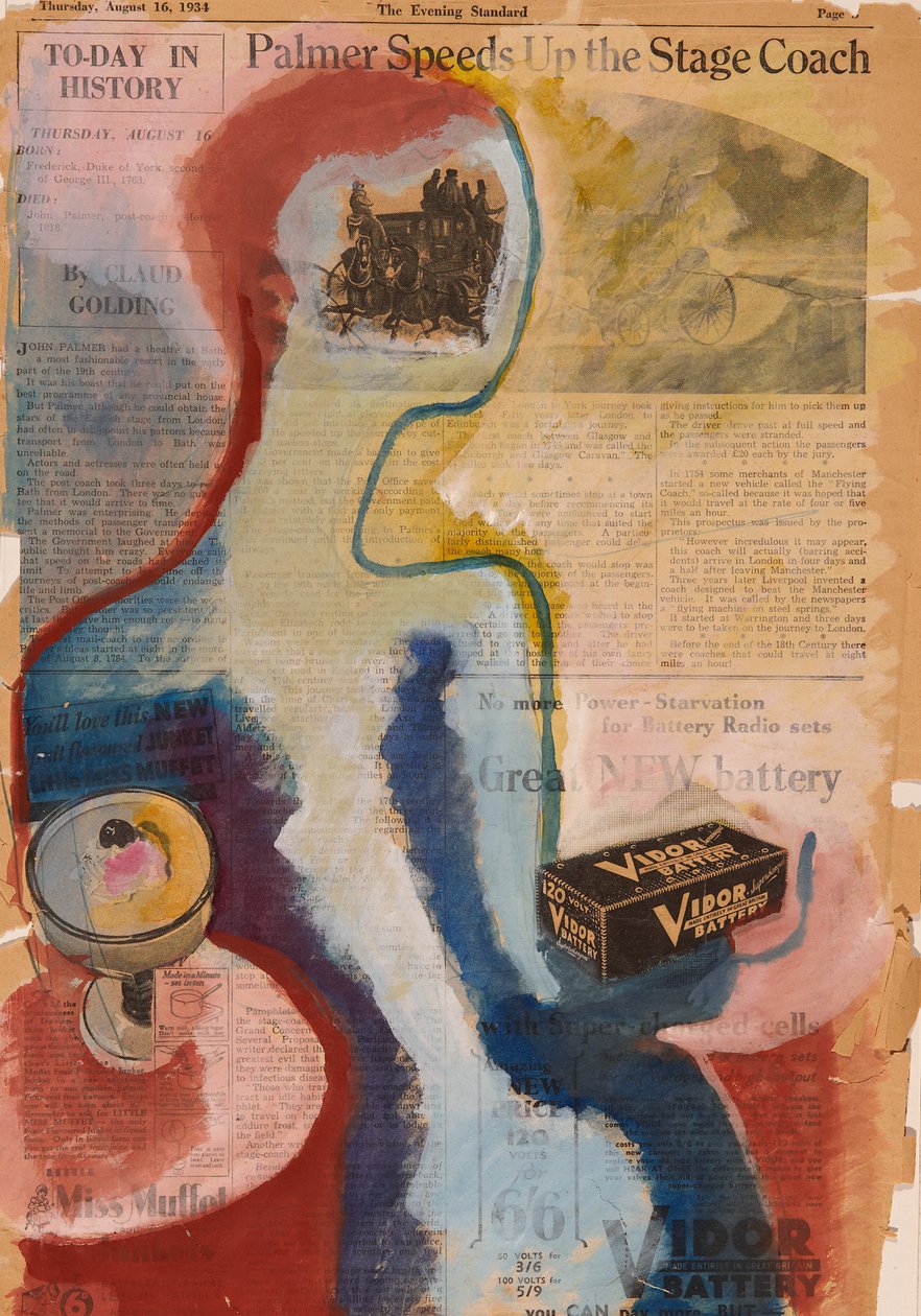 Kvinna sittande vid ett bord (akvarell på tidningspapper  collage) av Alfred Lomnitz