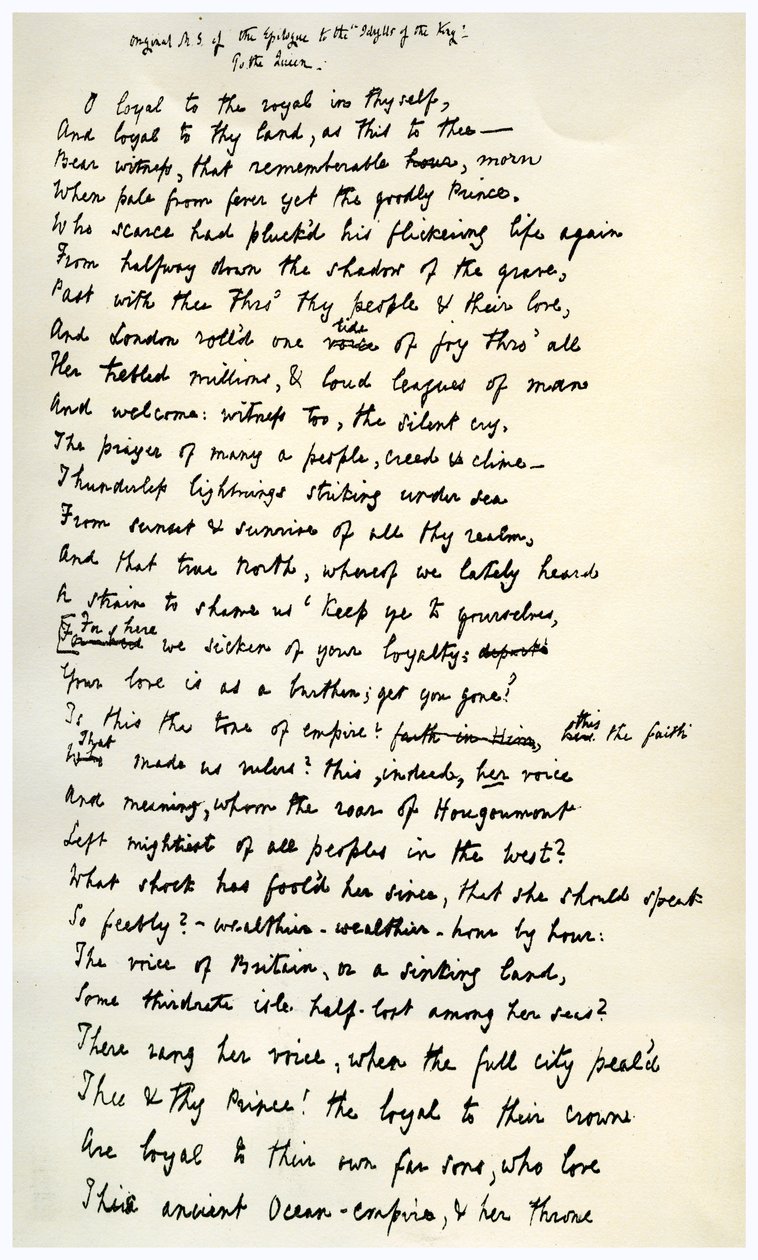 Originalmanuskript av epilogen till kungens idyller, c1872. av Alfred Lord Tennyson