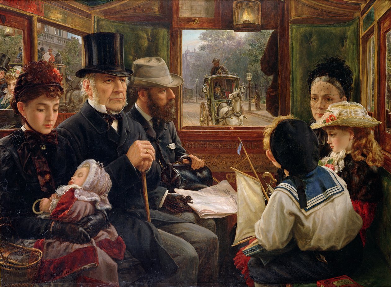 En omnibustur till Piccadilly Circus, Mr Gladstone reser med vanliga passagerare, 1885 av Alfred Morgan