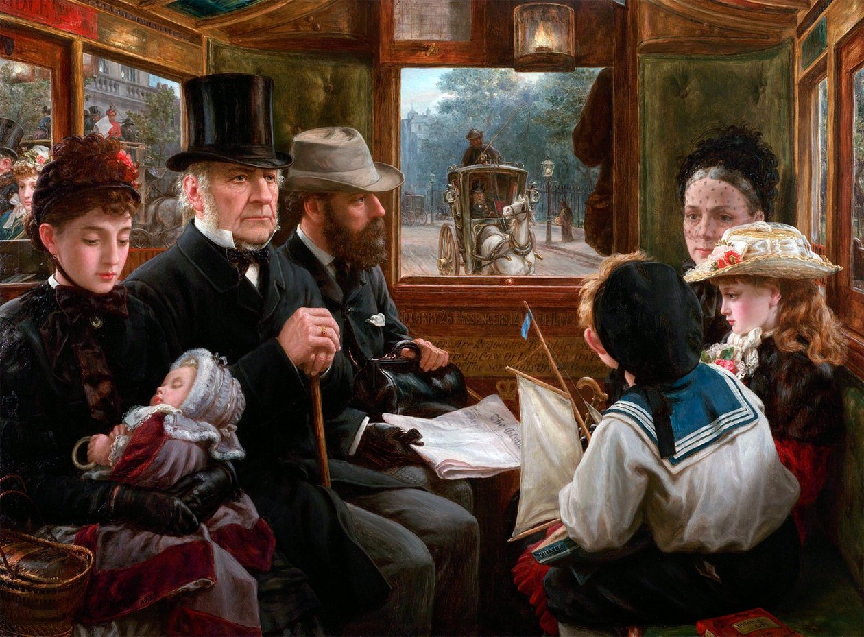 En omnibustur till Piccadilly Circus Mr Gladstone som reser med vanliga passagerare, 1885. av Alfred Morgan