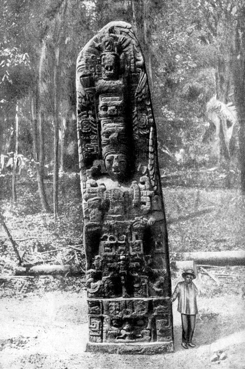 En mystisk monolit i urskogen Quirigua, Guatemala, 1922. av Alfred P Maudsley