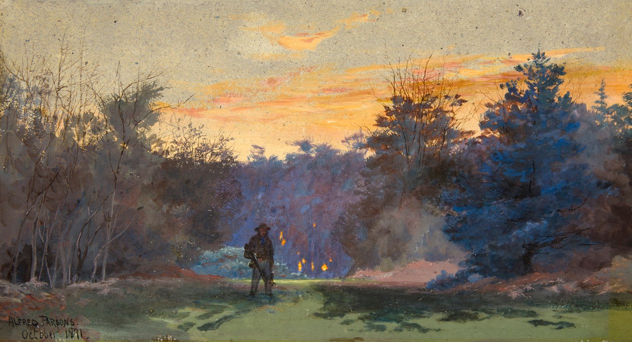 Jägare i landskap med solnedgång av Alfred Parsons