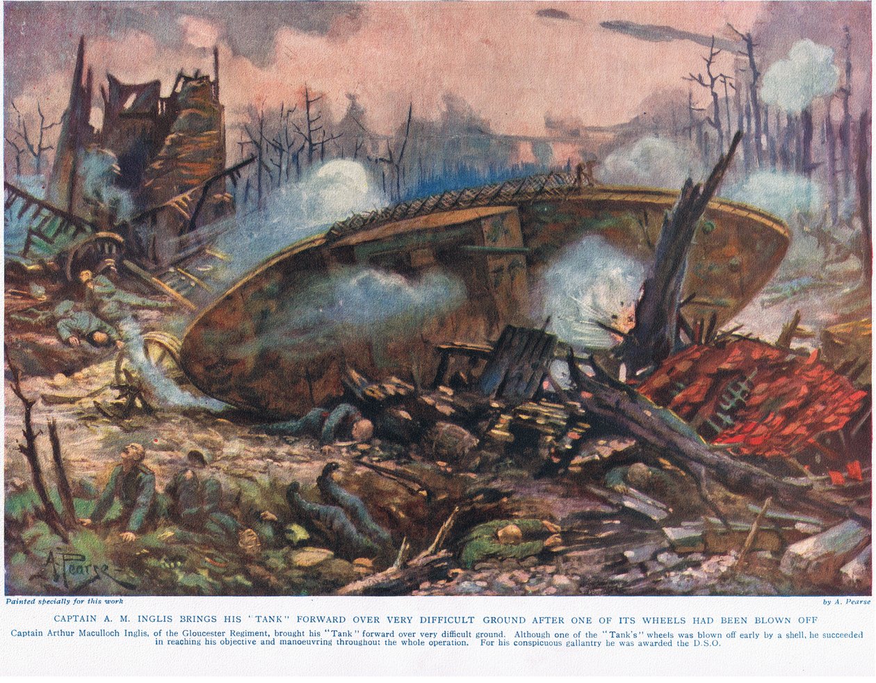 Kapten A.M. Inglis för sin stridsvagn framåt över mycket svår mark efter att ett av dess hjul hade blåst av, illustration från 