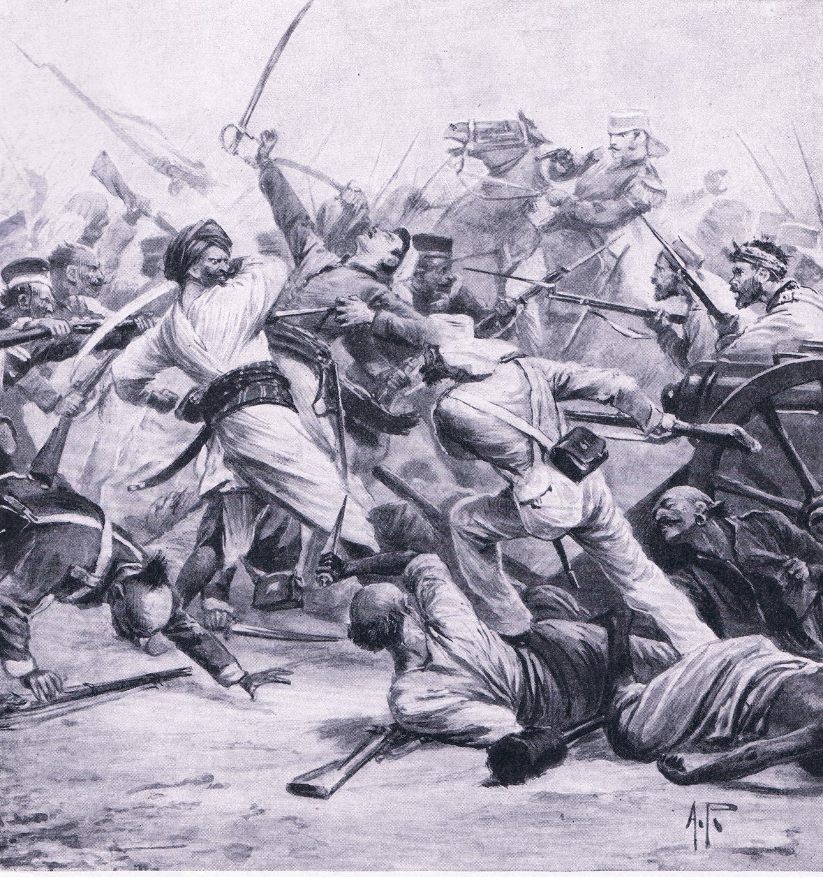 Nicholsons nederlag för rebellerna i Najafgarh, 2 augusti 1857, illustration från brittiska striderna på land och hav, 1915 av Alfred Pearse