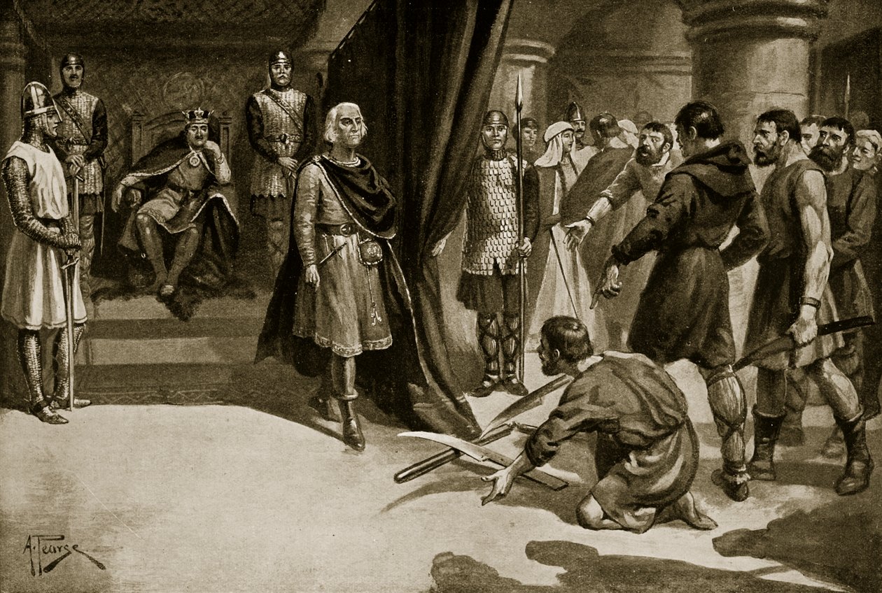 Bönder kastar ner sina plogbillar vid Henry I:s fötter, illustration från 