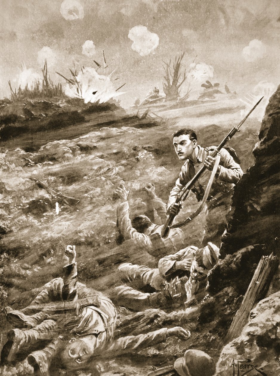 Menig E. Warner håller på egen hand en skyttegrav som hade evakuerats efter en gasattack av Alfred Pearse