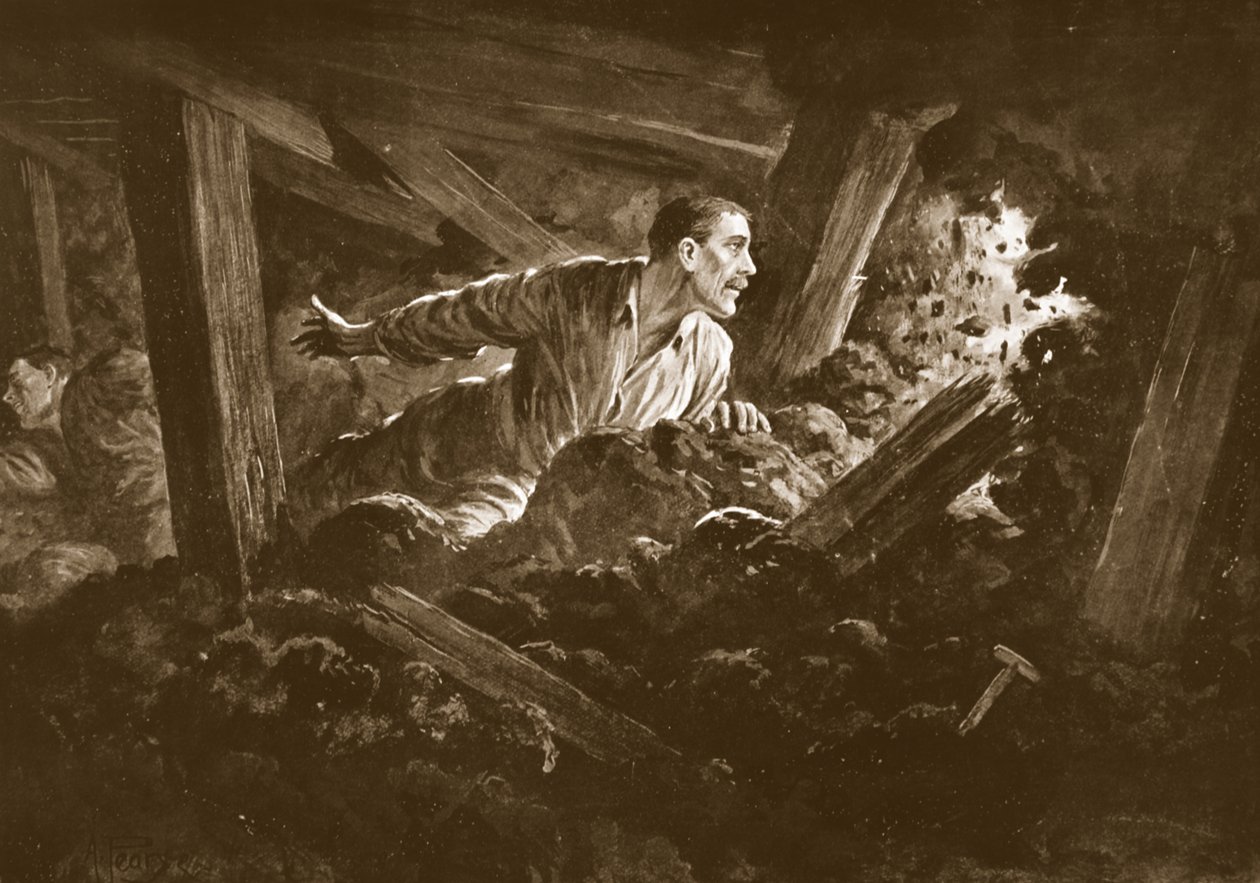Sapper W. Hackett vägrar att lämna en kamrat som ligger allvarligt skadad i ett gruvställe. av Alfred Pearse