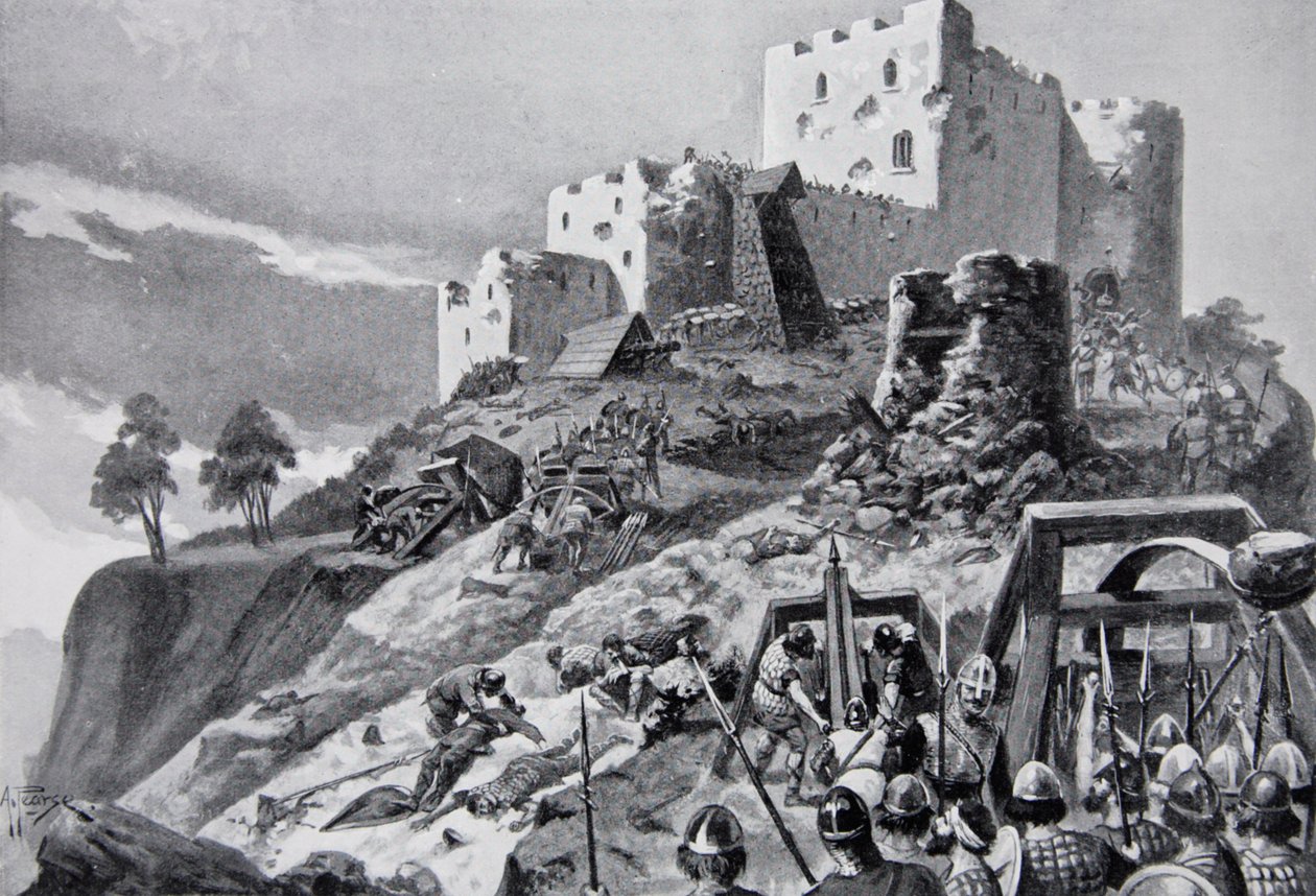 Den walesiska attacken på Montgomery Castle 1095 ledd av Cadwgan ap Bleddyn, Prince of Powys, illustration från 