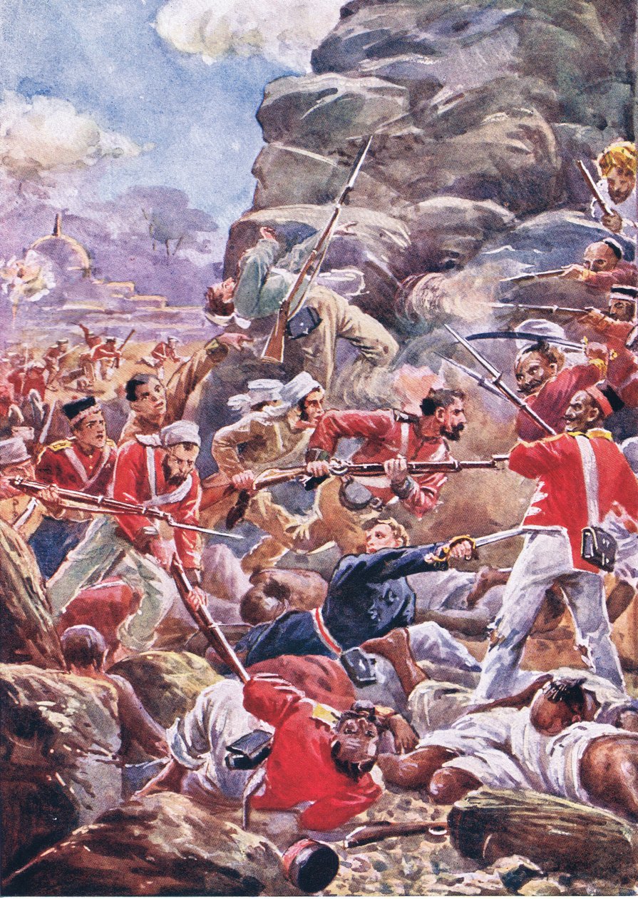 Belägringen av Delhi: Storming the breach, illustration från British Battles on Land and Sea, 1915 av Alfred Pearse