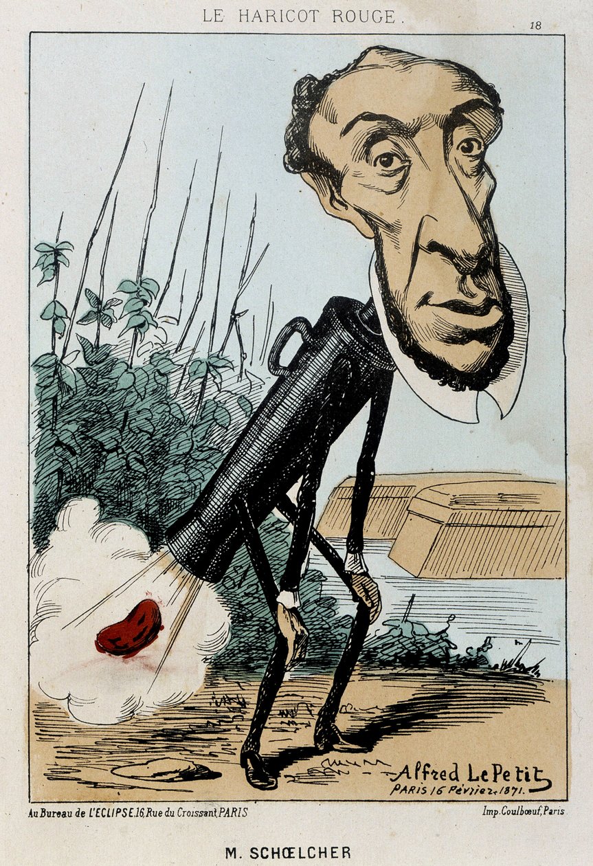Le Bean rouge: karikatyr av Victor Schoelcher representerad i tåget av Peter en böna (fiss) - sjuk. av 16/02/1871 i "Fleurs, Fruits et Vegetables du Jour" av Alfred Petit