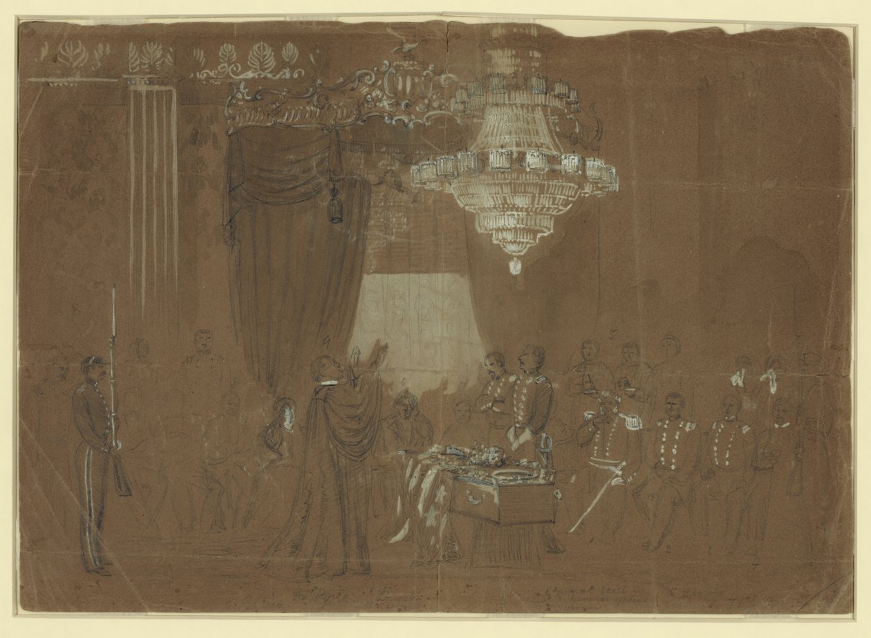 Begravningsgudstjänst över överste Ellsworth i White House East Room Abstrakt/medium av Alfred R. Waud
