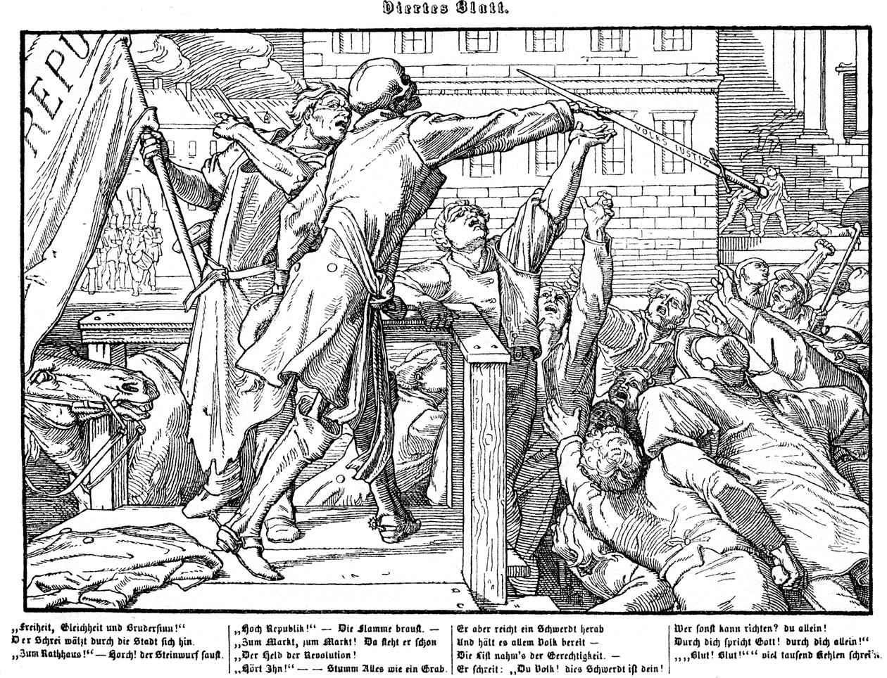 Totentanz 1848: Döden erbjuder rättvisans svärd av Alfred Rethel