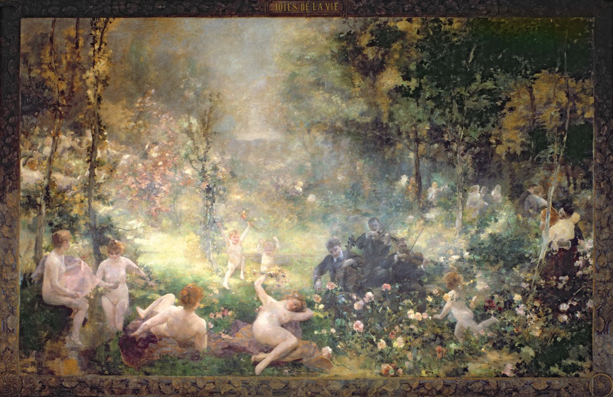 Livets glädjeämnen: blommor, kvinnor, musik (väggmålning) av Alfred Roll