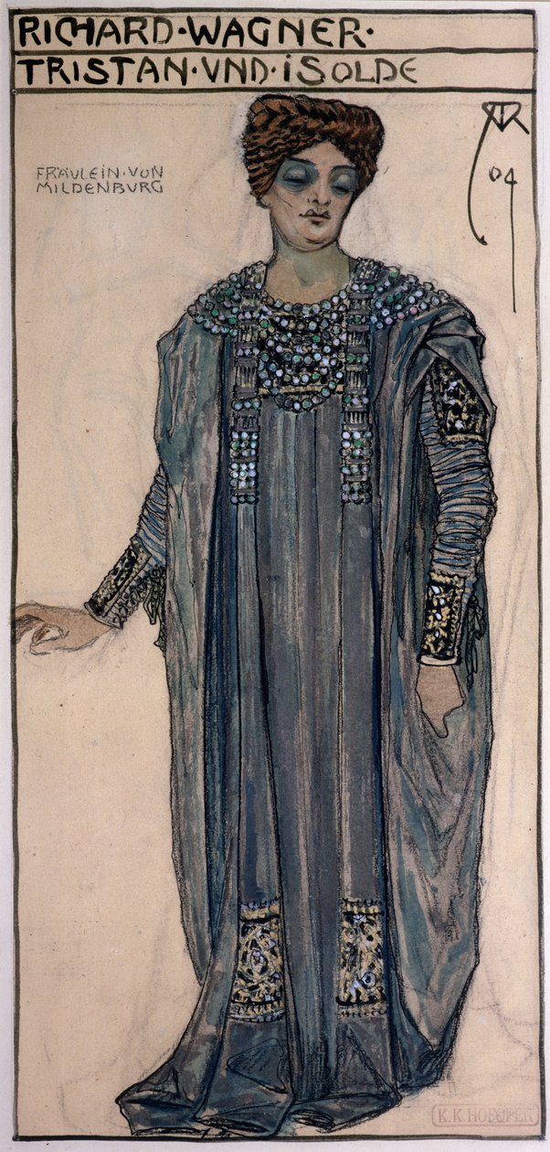 Kopia av en kostymritning för Isolde, för en uppsättning av "Tristan och Isolde" av Richard Wagner (1813-83) på Hofoper i Wien, februari 1903, 1904. av Alfred Roller