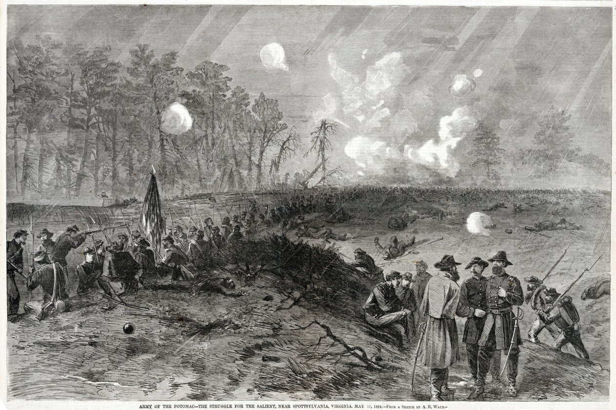 Army of the Potomac - Kampen om de framstående, nära Spottsylvania, Virginia. 12 maj 1864 från Harpers Weekly, pub. 1864 av Alfred Rudolph Waud