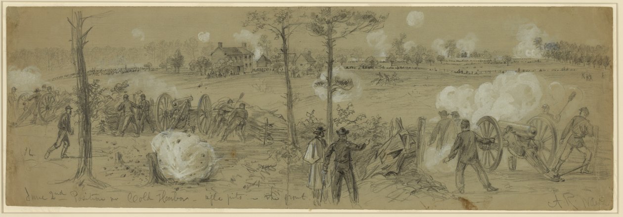 2 juni Position nr. Cold Harbour-gevärgropar framtill av Alfred Rudolph Waud
