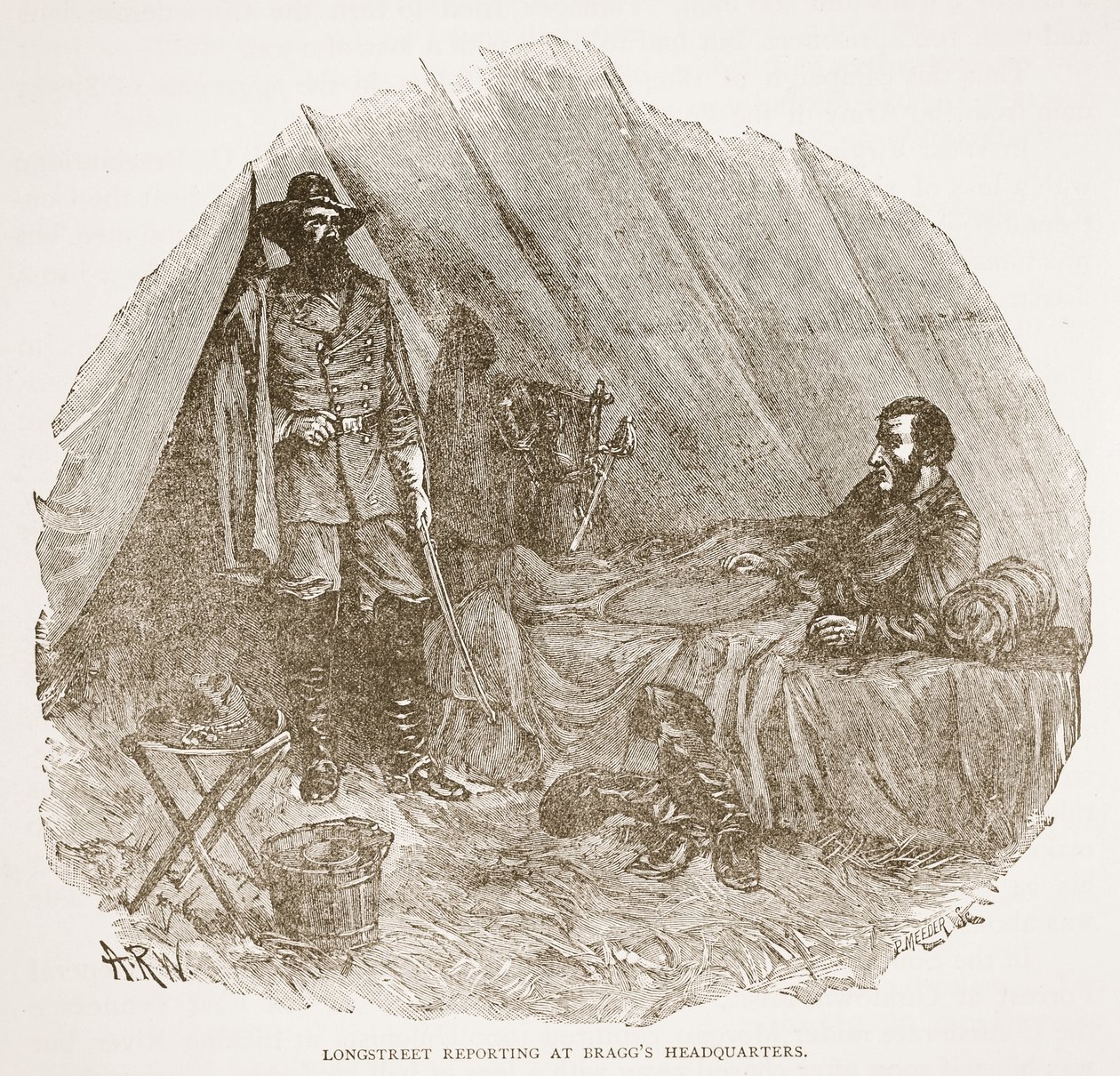 Longstreet Reporting på Braggs huvudkontor, från en bokpub. 1896 av Alfred Rudolph Waud