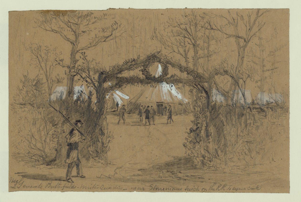 Maj General Butterfields winter Quarters-nära Stonemans växel på R.R. till Aquia Creek av Alfred Rudolph Waud