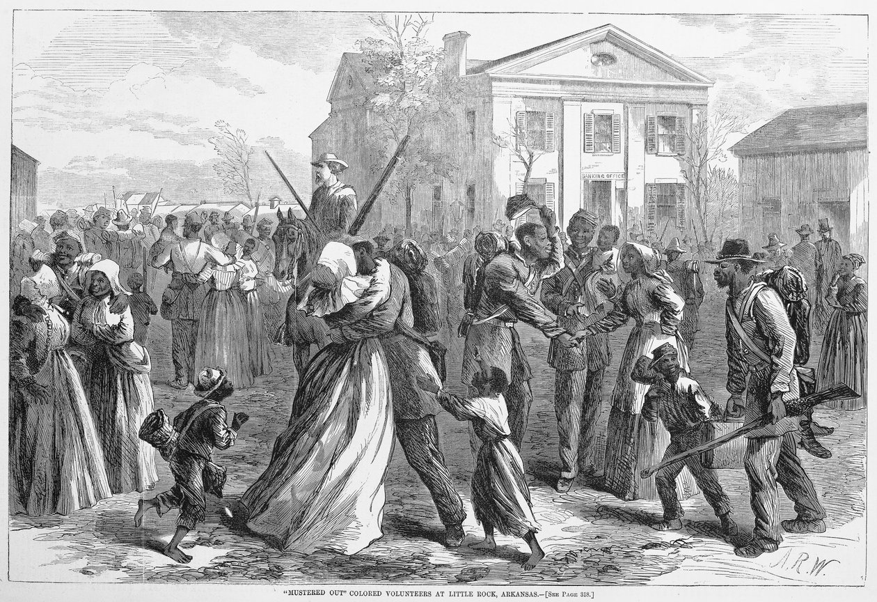 Mustered Out Colored volontärer på Little Rock, Arkansas, från Harpers Weekly, pub. 1866 av Alfred Rudolph Waud