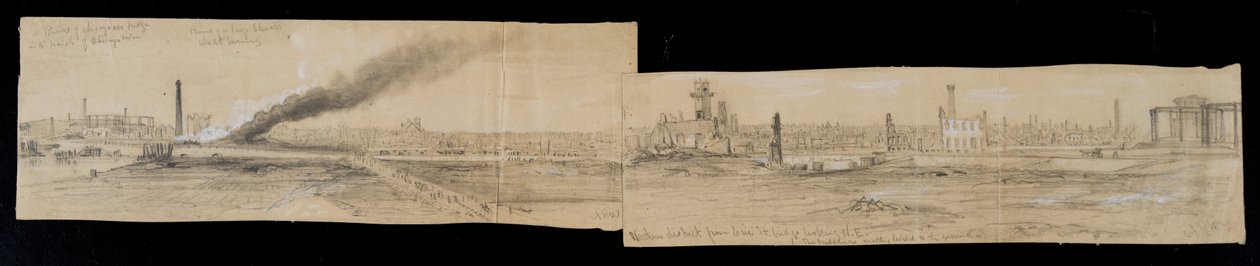 Norra distriktet från Erie Street Bridge, med blick österut, under Chicago-branden 1871 (penna och krita på papper) av Alfred Rudolph Waud