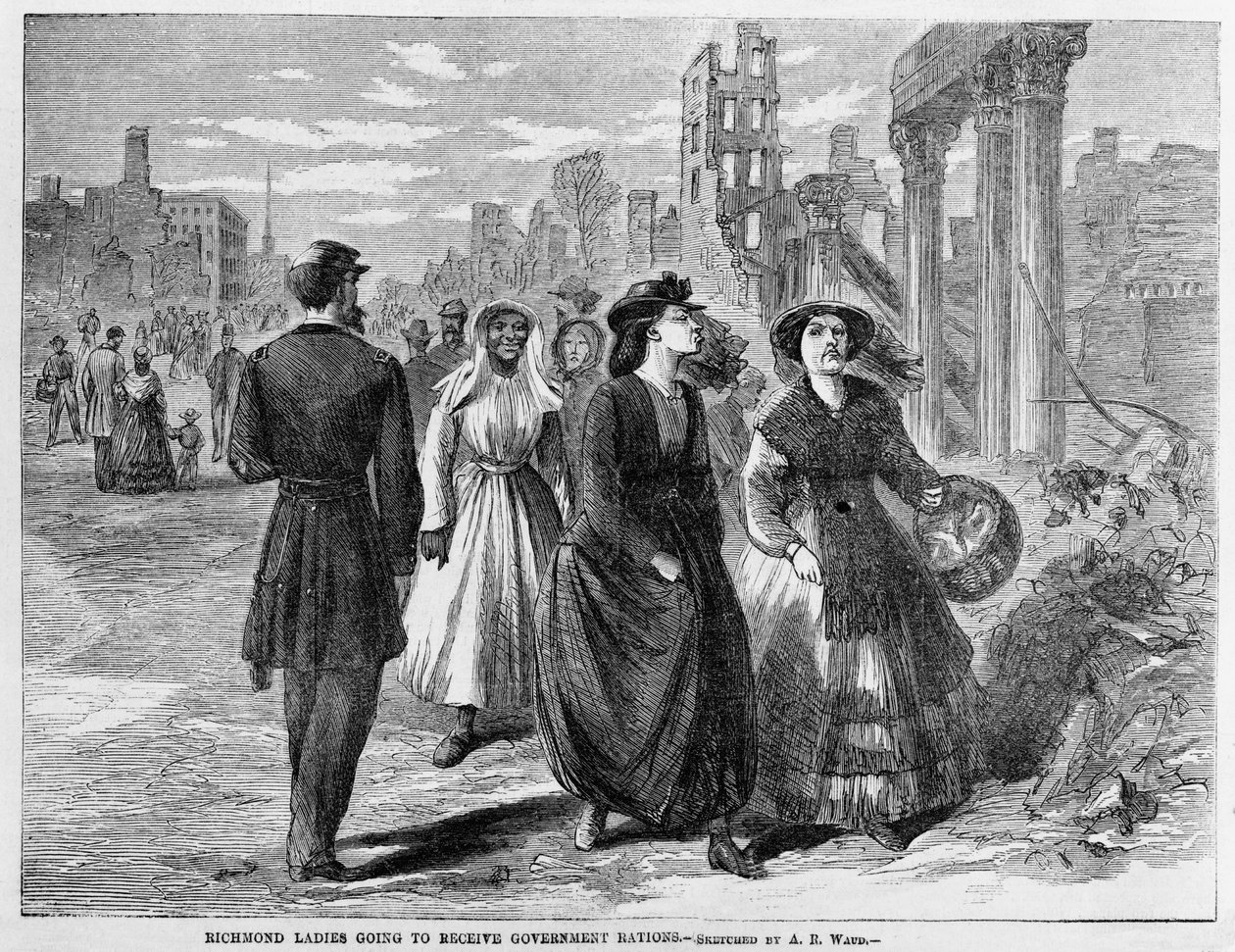 Richmond Ladies kommer att ta emot Government Rations, publicerad 1865 av Alfred Rudolph Waud