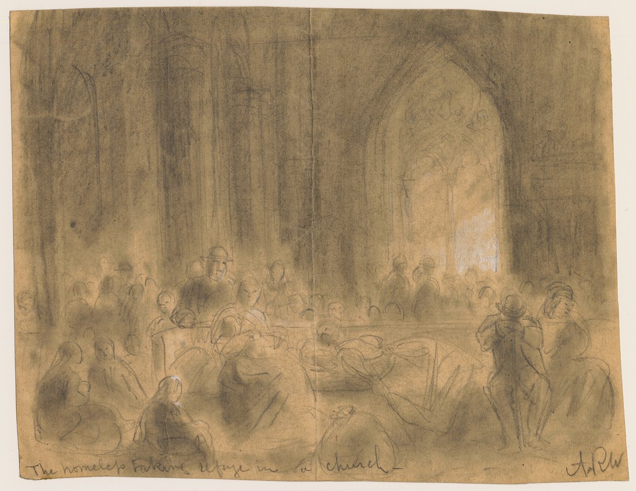 Hemlösa tar sin tillflykt till en kyrka under branden i Chicago 1871 av Alfred Rudolph Waud