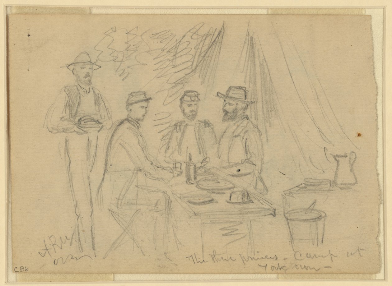 De tre prinsarna, läger i Yorktown, 5 april-4 maj 1862 (penna på papper) av Alfred Rudolph Waud