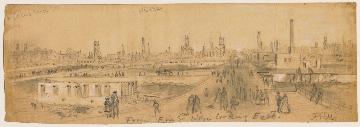 Utsikt från Erie Street Bridge österut under branden i Chicago 1871 av Alfred Rudolph Waud