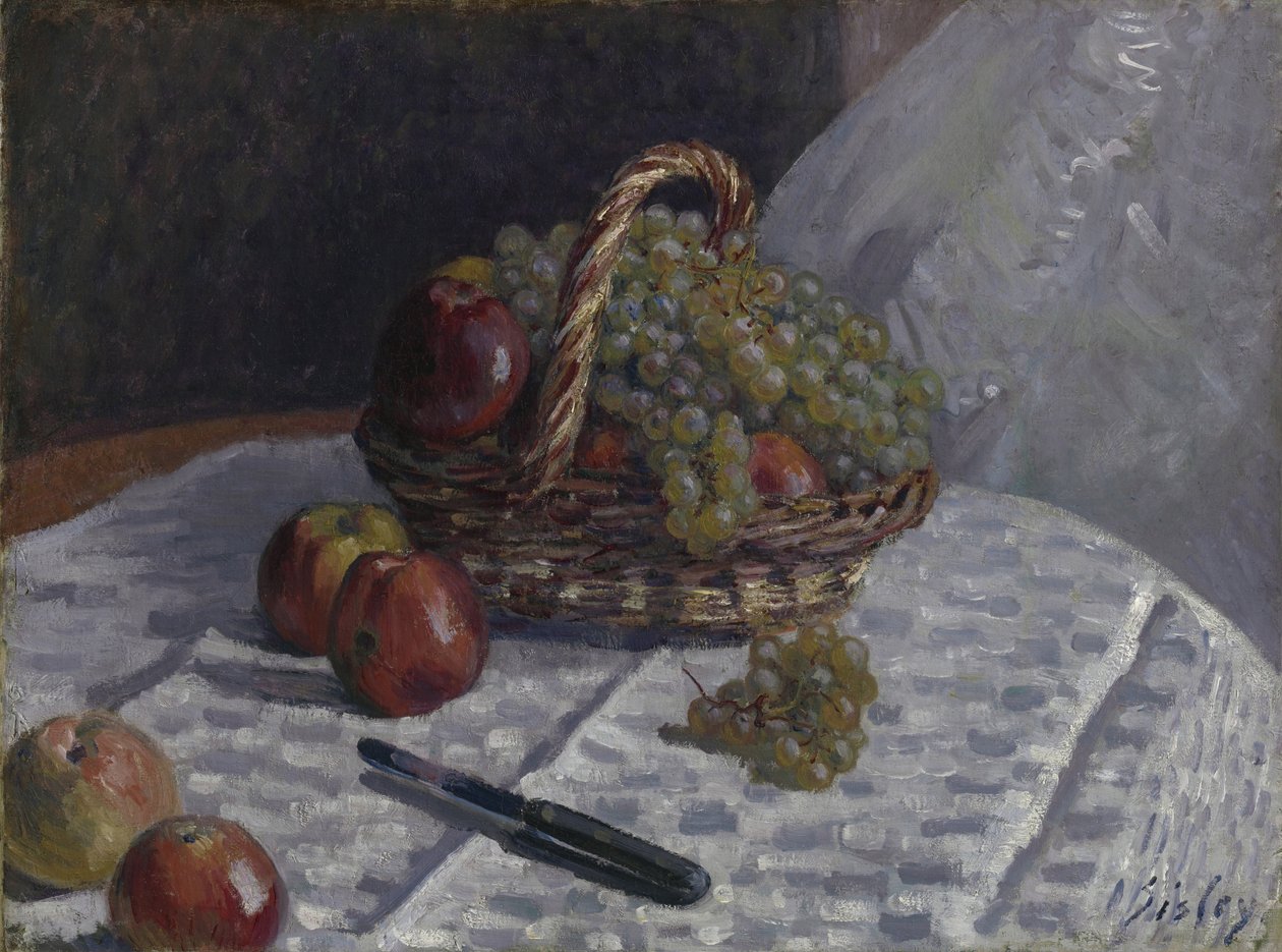 Äpplen och vindruvor i en korg, c.1880-81 av Alfred Sisley