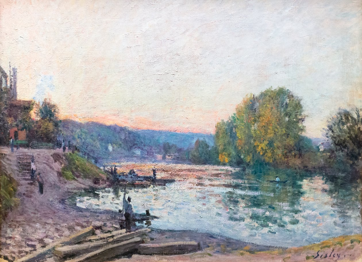 Banks of the Seine, solljuseffekt i skymningen, datum okänt (olja på duk) av Alfred Sisley