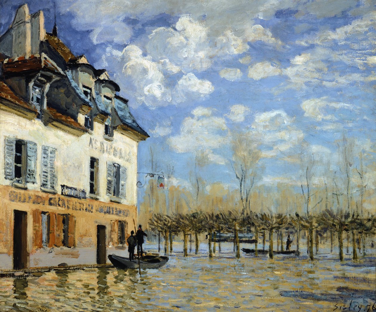 Båt i översvämningen vid Port-Marly (Port-Marly) (olja på duk av Alfred Sisley
