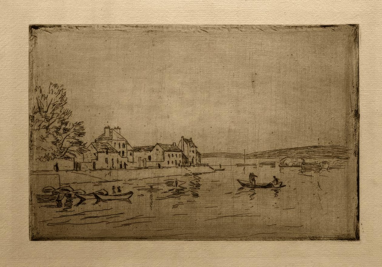 Banks of the Loing: De sex förtöjda kanoterna av Alfred Sisley