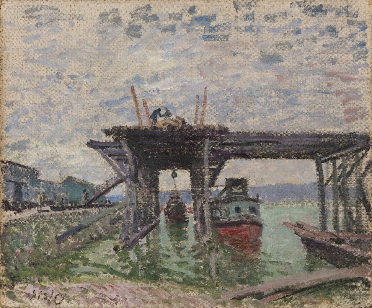 Tyska: Bro under konstruktion River Boat Garage av Alfred Sisley