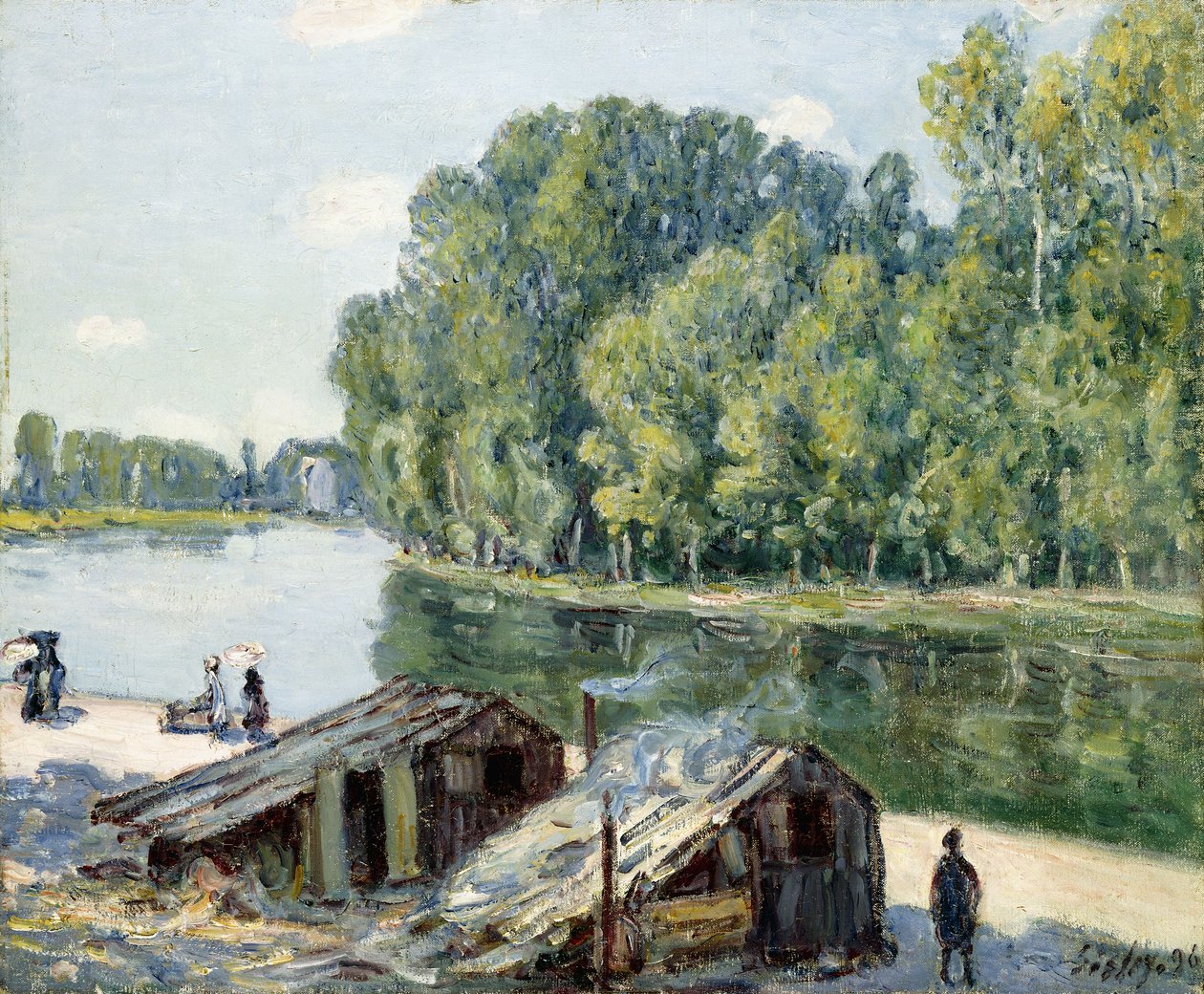 Hyddor längs Canal du Loing, effekt av solljus, 1896 av Alfred Sisley