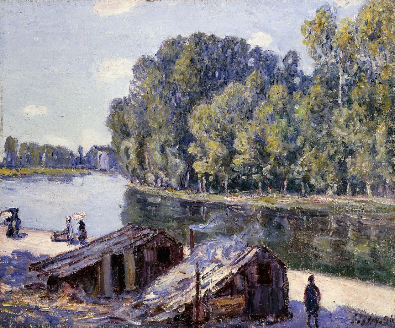 Hyddor på kanten av Canal du Loing med solsken; Stugor på kanten av Canal du Loing-Sun-effekten av Alfred Sisley