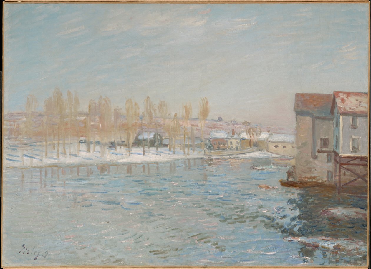 Loing och kvarnarna i Moret, snöeffekt av Alfred Sisley