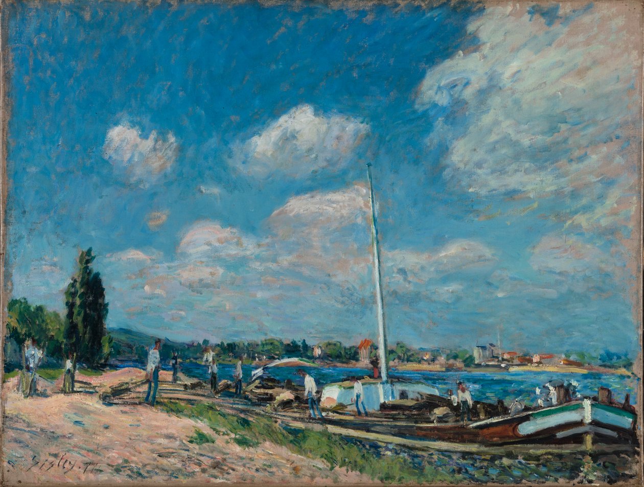 Lossning av pråmar vid Billancourt, 1877. av Alfred Sisley