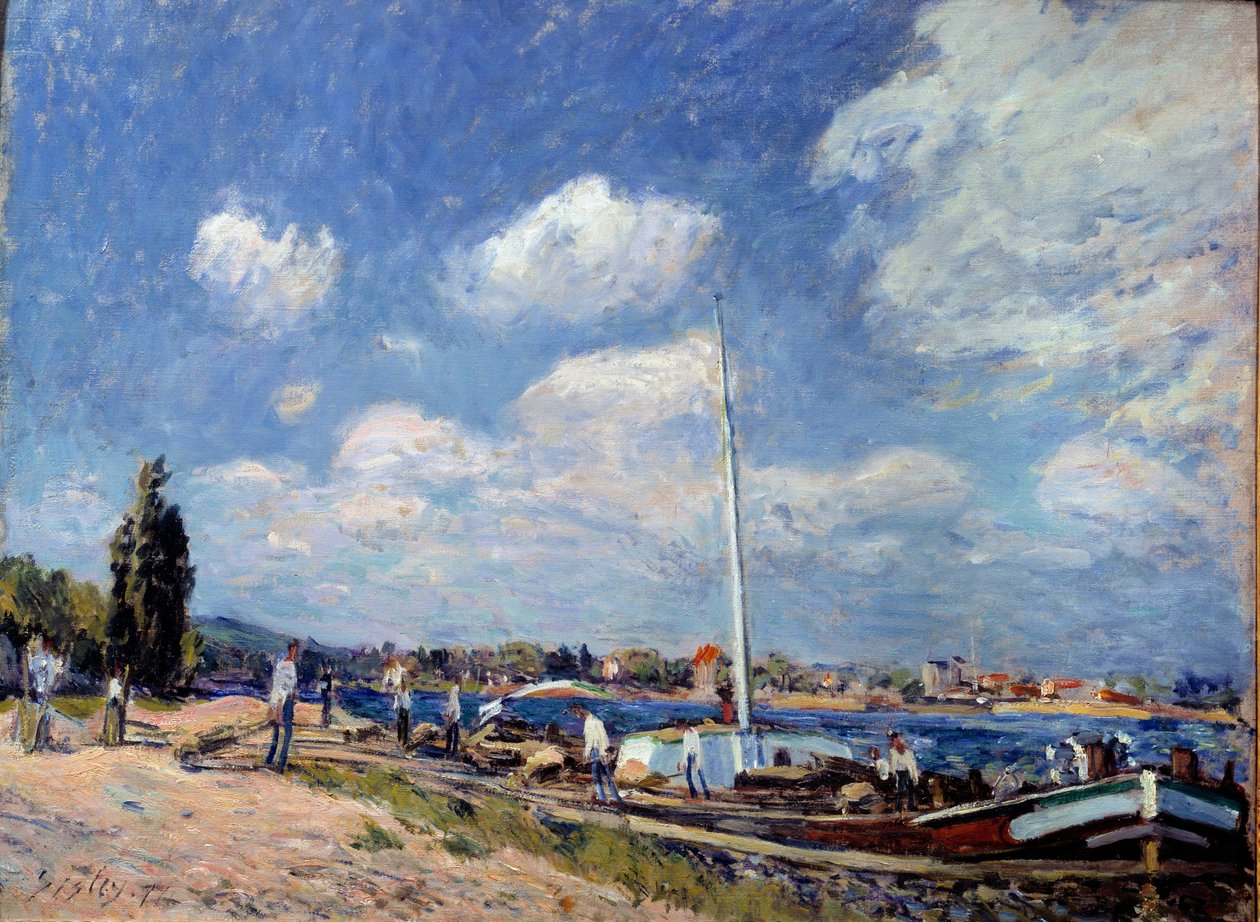 Lossar pråmarna i Billancourt. Målning av Alfred Sisley (1839 - 1899) av Alfred Sisley