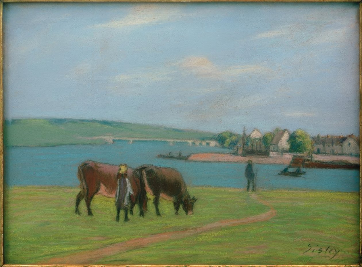 Kor på stranden av Seine i Saint-Mammès av Alfred Sisley