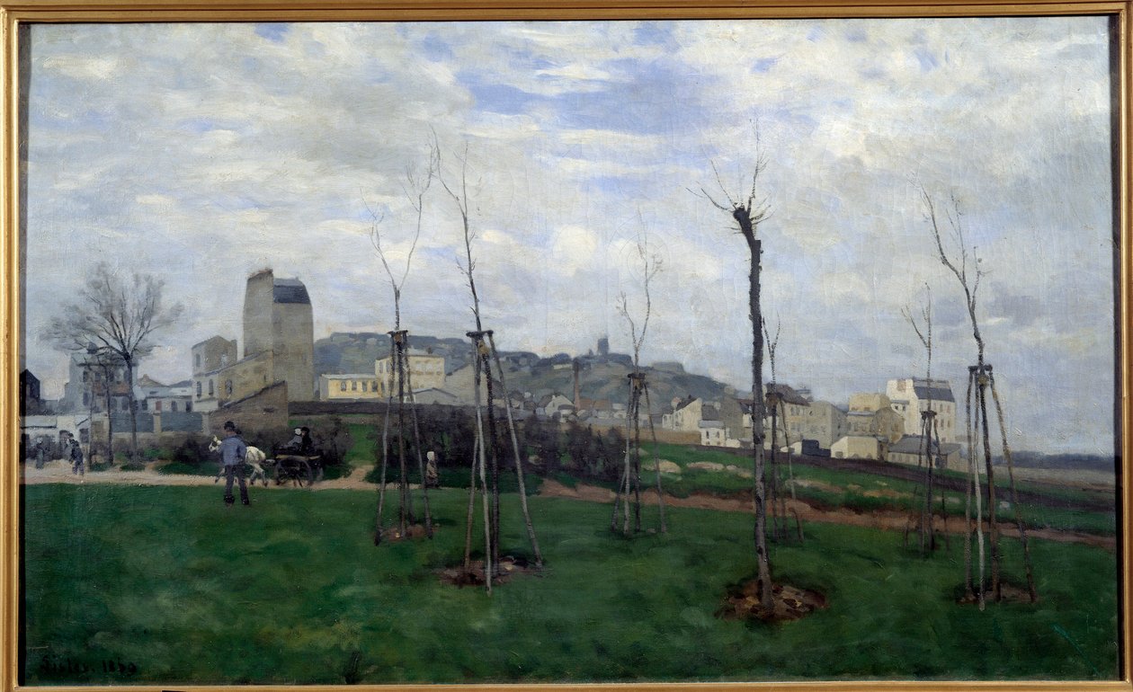 Utsikt över Montmartre tagen från blomsterstaden vid Batignolles-målningen av Alfred Sisley (1839-1899) 1869 Sön. 0,7x1,17 m Grenoble, Musee des Beaux Arts av Alfred Sisley