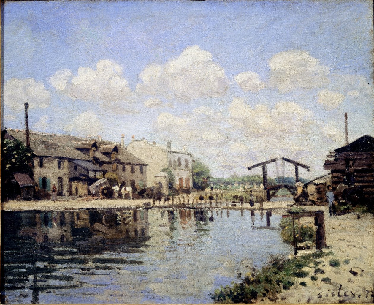 Vy över St Martin-kanalen 1872. Vy över sluss - olja på duk av Alfred Sisley