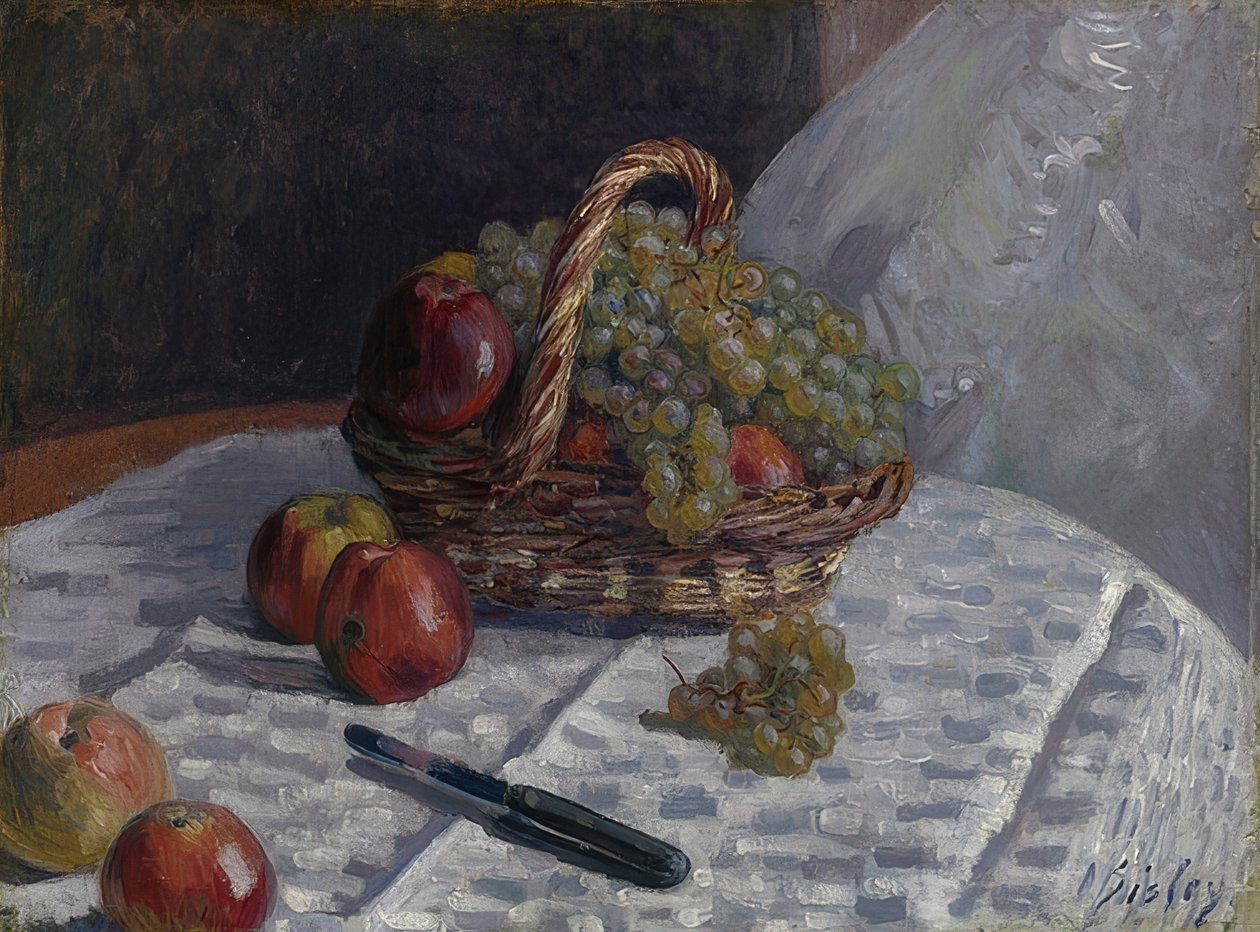 Äpplen och vindruvor i en korg. Omkring 1880-81 av Alfred Sisley