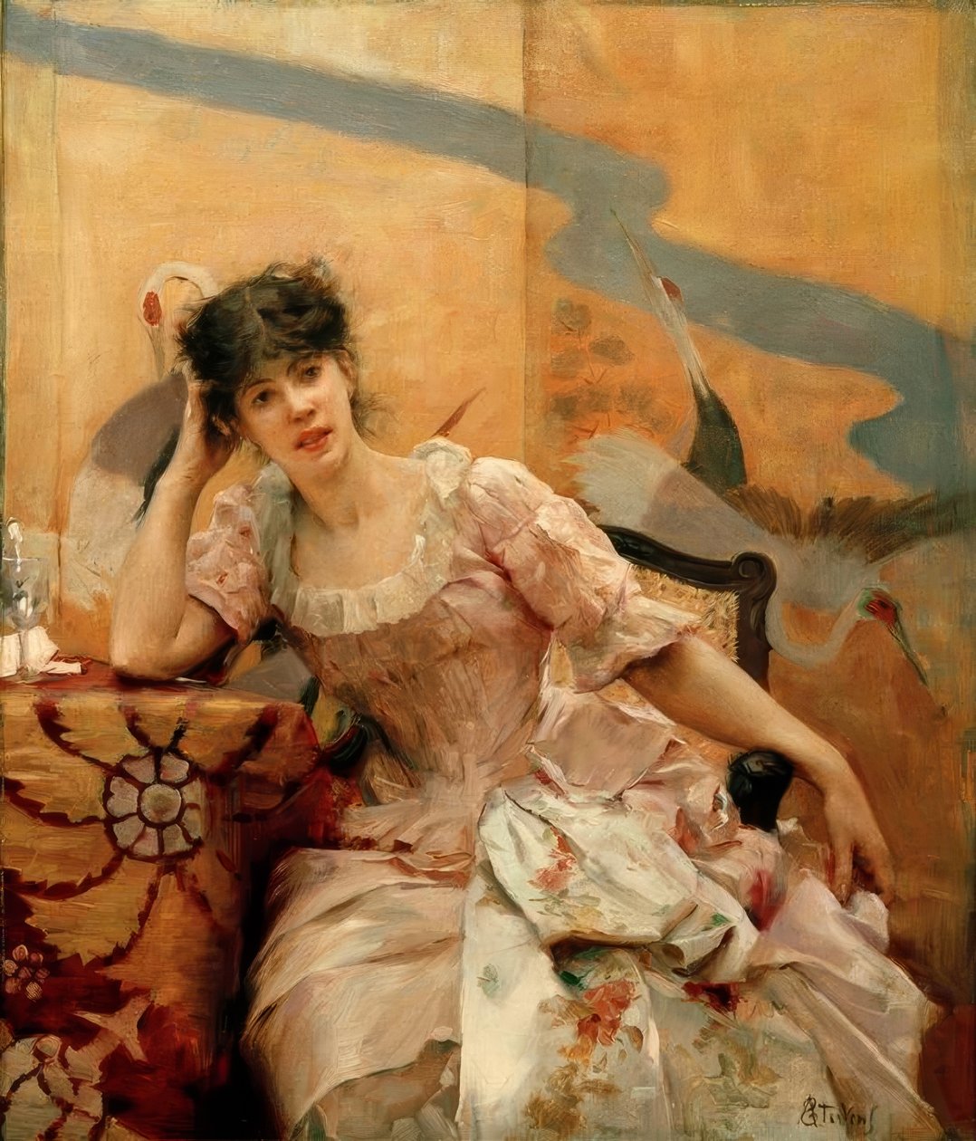 A.Stevens, Ung kvinna och japansk filmduk av Alfred Emile Stevens