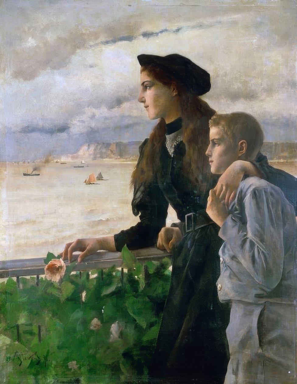 Bror och syster framför havet i Honfleur av Alfred Emile Stevens