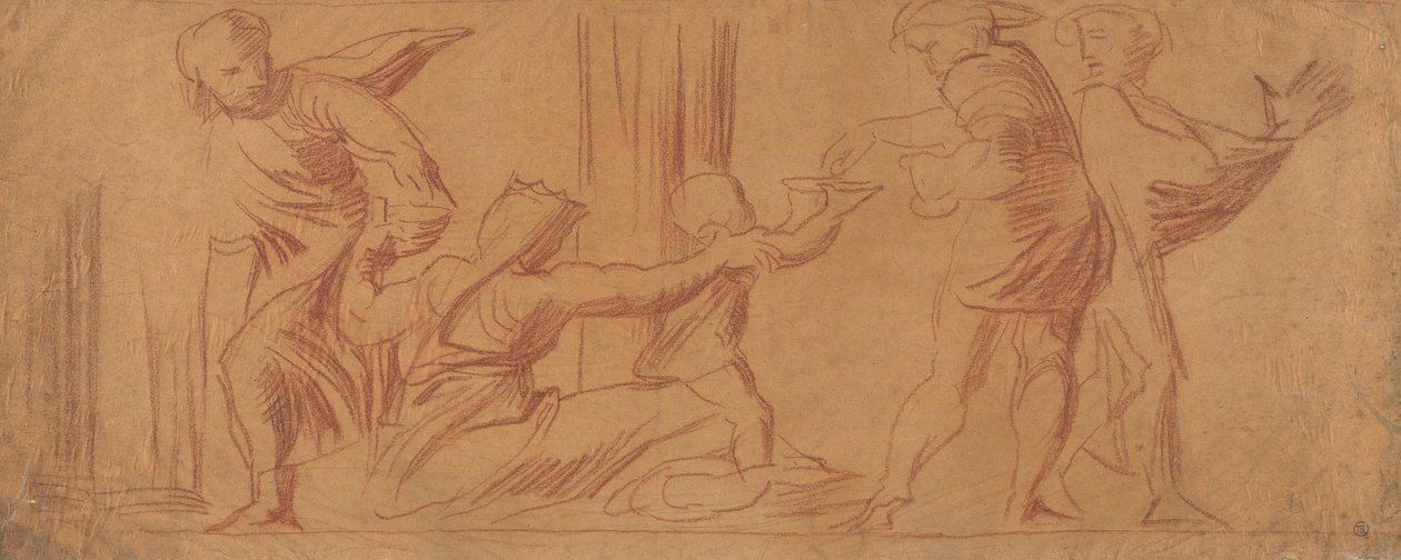 Grupp av figurer, barn som tigger i centrum av Alfred Emile Stevens
