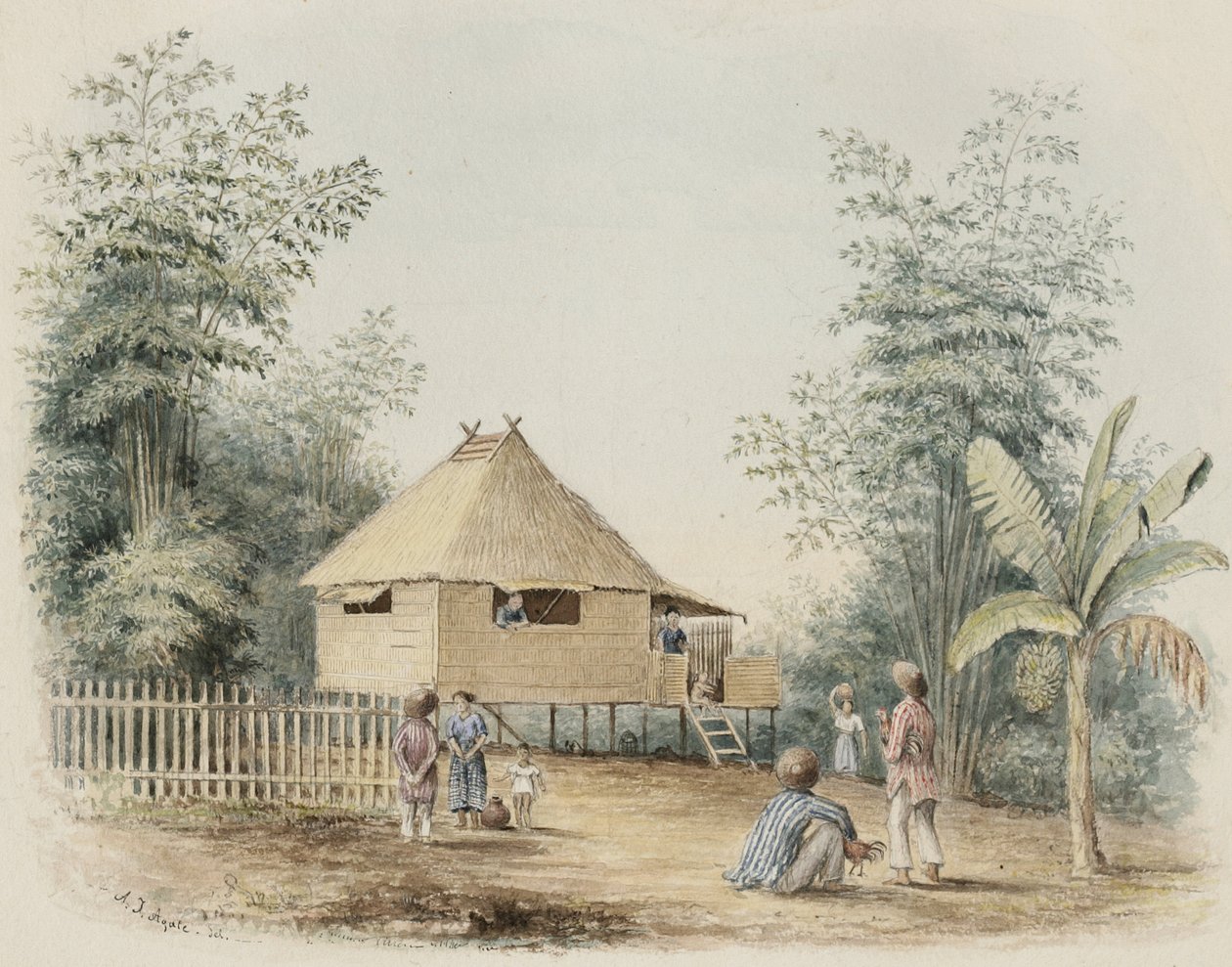 Native House Near Manila, 1842 (wc med et strejf af pen og blæk på cremevævet papir) svensk av Alfred Thomas Agate