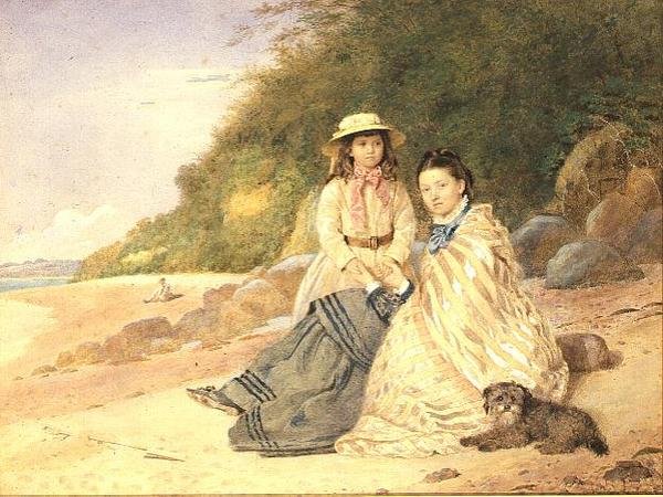 Mor och dotter med hund av Alfred Tidey