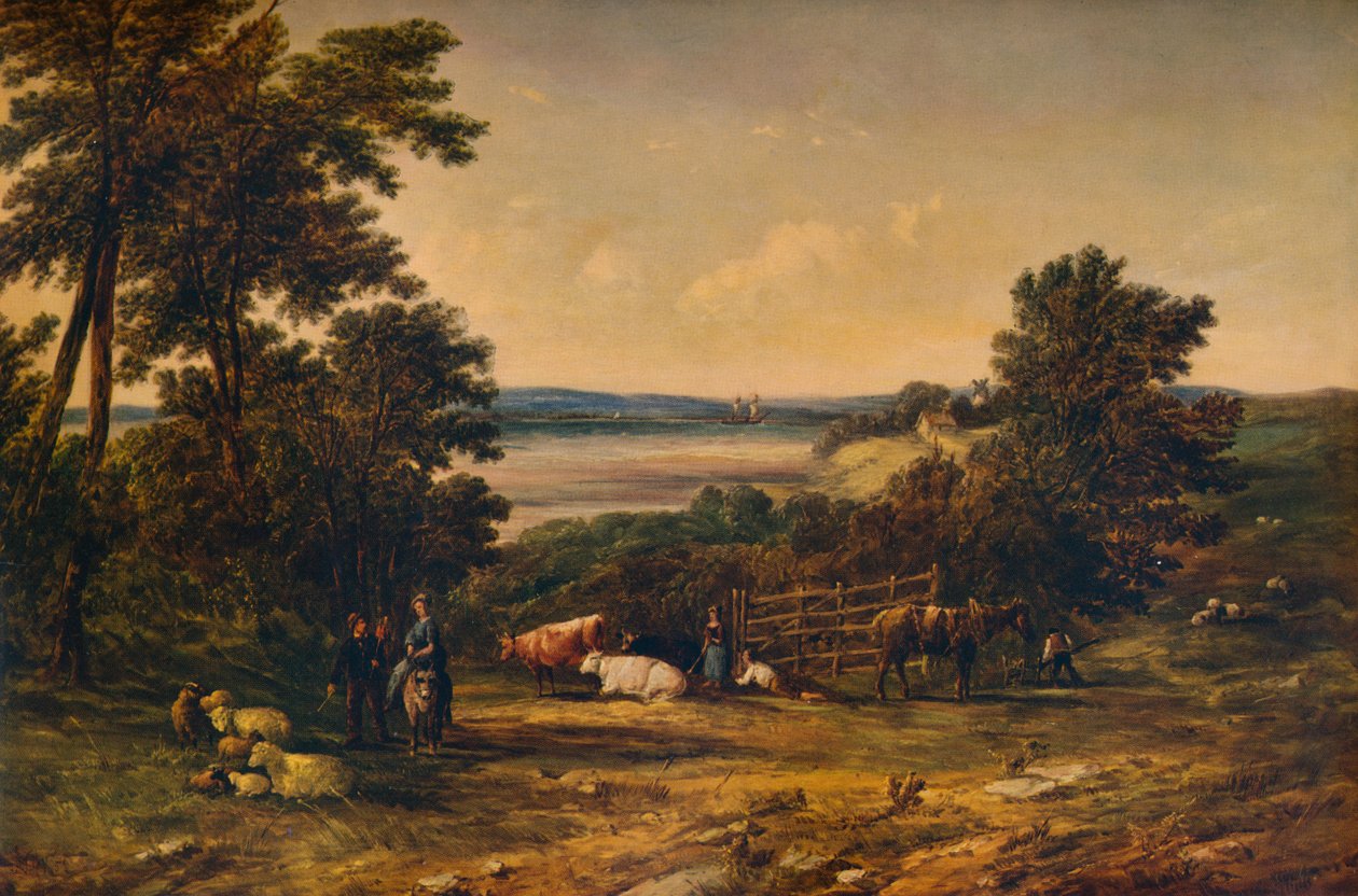 "En hamn omgiven av skogsklädda kullar och ängar med boskap", 1859, 1938 av Alfred Vickers
