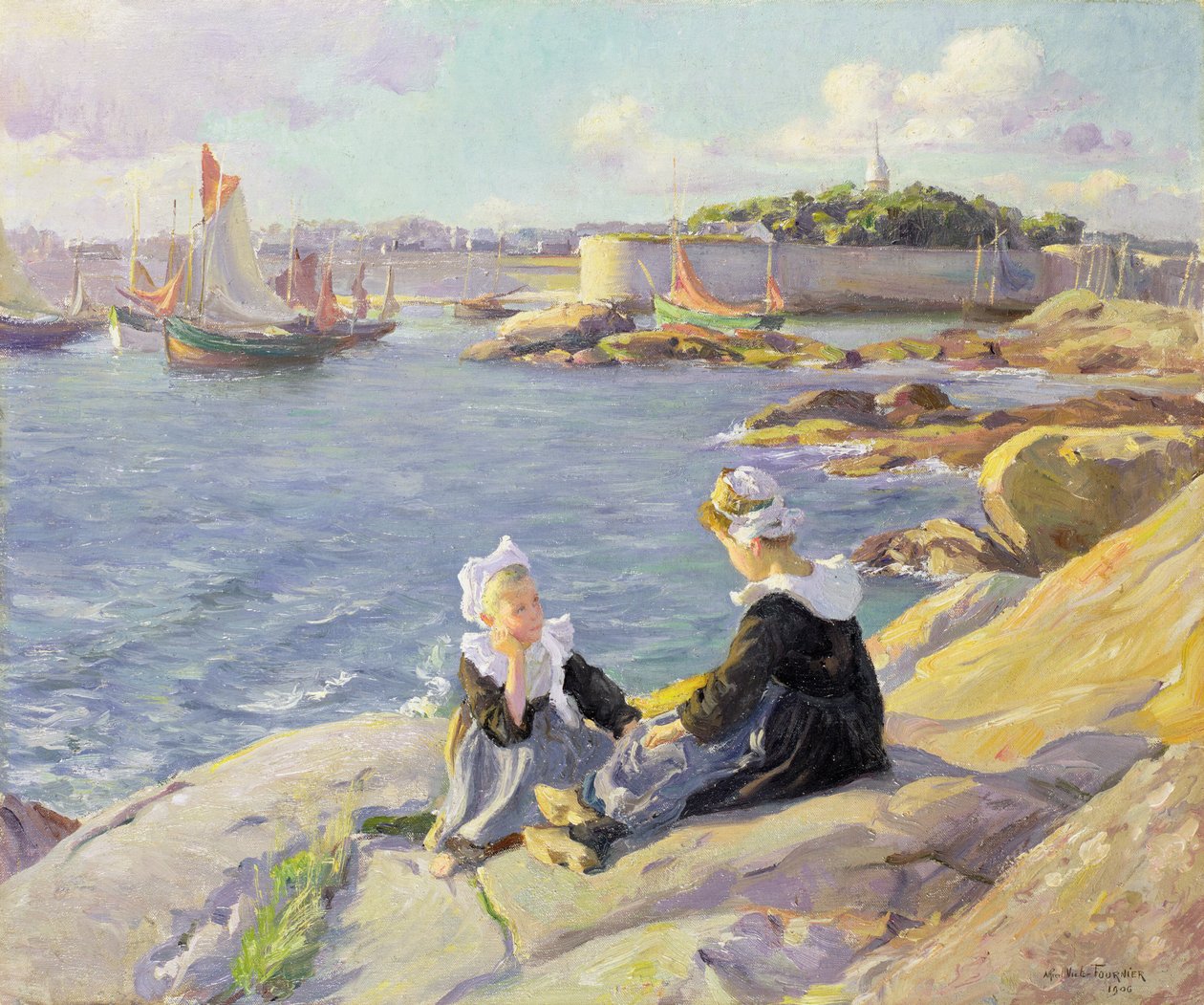 Breton Girls vid hamnen, Concarneau av Alfred Victor Fournier