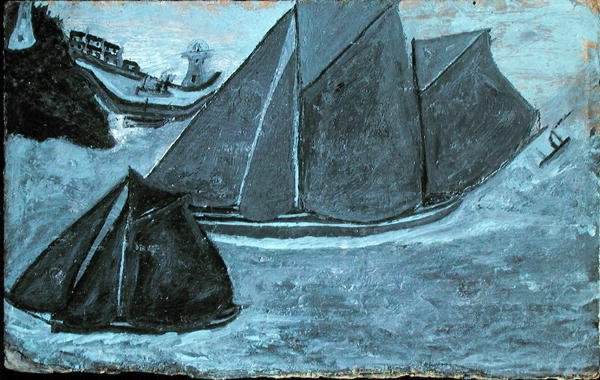 Båtar utanför hamnen (olja på kortet lagt ombord) av Alfred Wallis